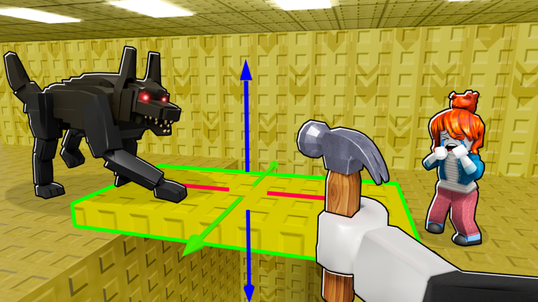 Official screenshot showing a player editing a yellow maze wall near a creature and an NPC
