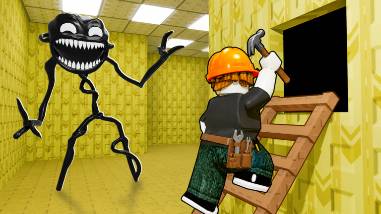 Official screenshot showing a builder using a ladder while a monster approaches in a yellow corridor